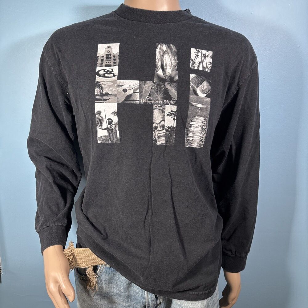 Hawaiian Style Surfer Logo HI Collage Black T Shirt (Men’s L) Graphic Tee